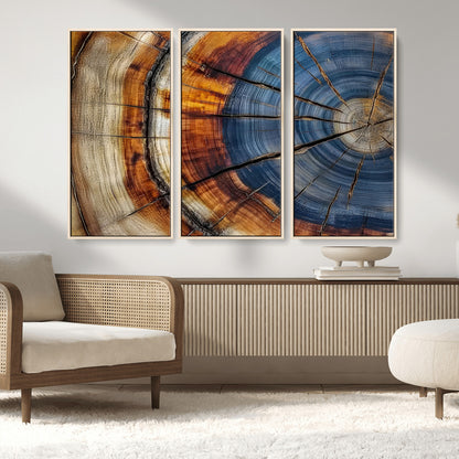 18032999-MGV-CV-36X24-Tree Ring Wall Art – Blue Brown Abstract Wood Slice Canvas Print, Rustic Modern Nature Decor for Living Room, Office, Bedroom or
