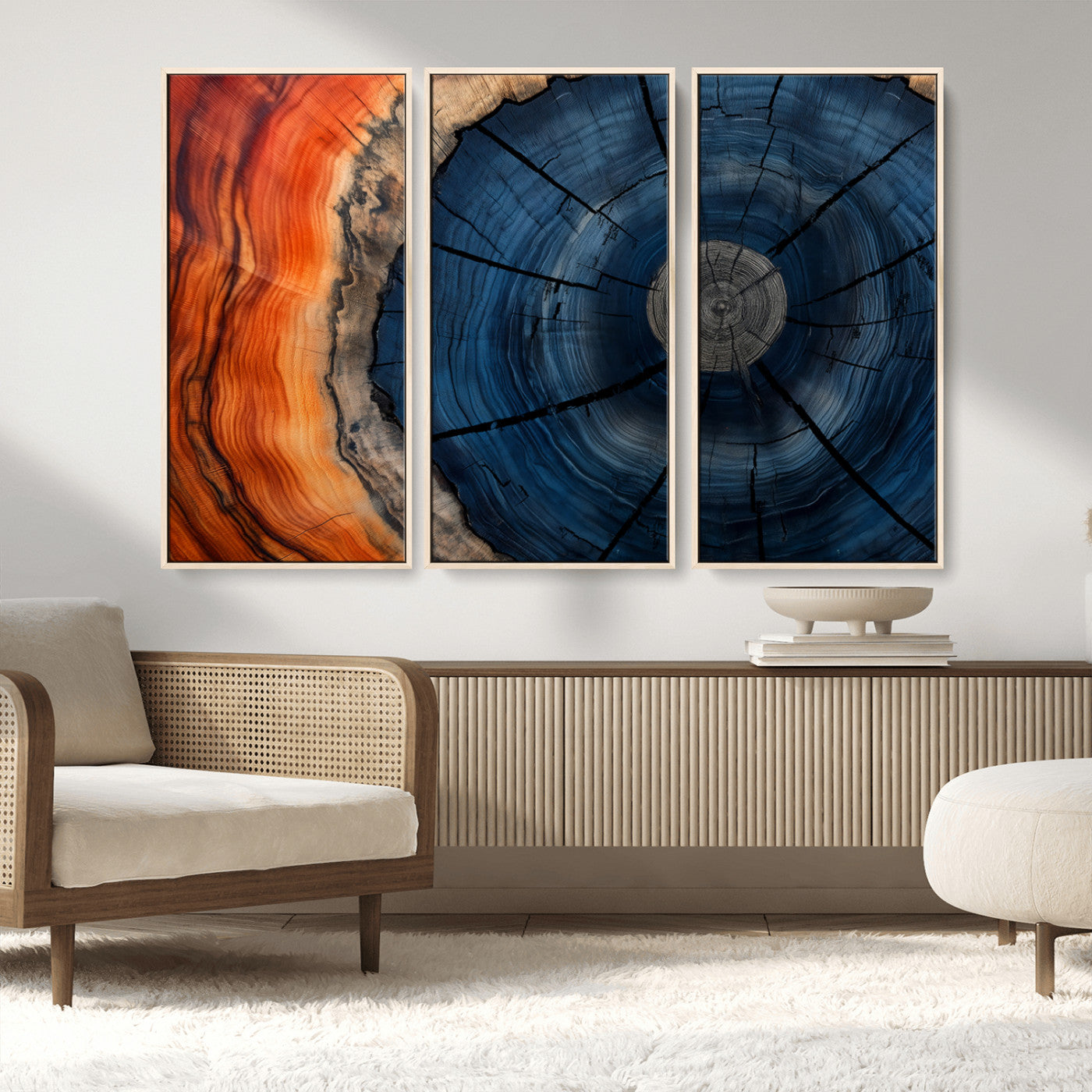 26110607-MGV-CV-36X24-Blue and Orange Tree Ring Wall Art – Abstract Wood Cross Section Canvas Print, Modern Rustic Nature Decor for Living Room, Office,