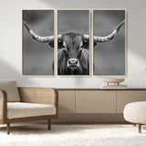 81228550-MGV-FC-48X32-3P_Natural-Framed Texas Longhorn Bull Art Canvas Print, Western Bull Wall Art Print, Long Horn Bull Photo Print for Log Cabin, Large Bull