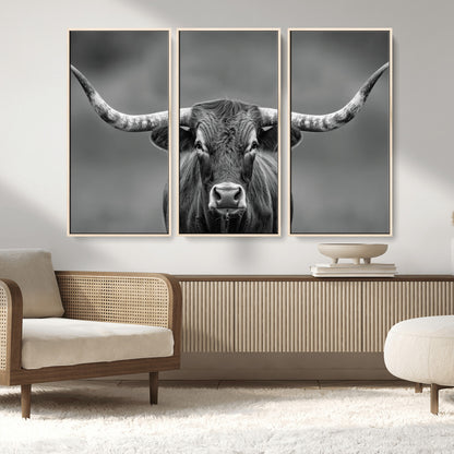 81228550-MGV-FC-48X32-3P_Natural-Framed Texas Longhorn Bull Art Canvas Print, Western Bull Wall Art Print, Long Horn Bull Photo Print for Log Cabin, Large Bull