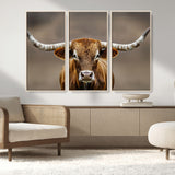 12179171-MGV-CV-36X24-Texas Longhorn Wall Art Canvas Print, Framed Brown Bull Art Picture Print, Lone Cattle Perfect Rustic Western Decor Artwork