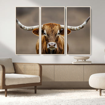 12179171-MGV-CV-36X24-Texas Longhorn Wall Art Canvas Print, Framed Brown Bull Art Picture Print, Lone Cattle Perfect Rustic Western Decor Artwork