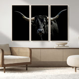 37531960-MGV-CV-36X24-Black Longhorn Bull Wall Art – Dramatic Western Cattle Canvas Print, Rustic Farmhouse Animal Artwork for Living Room, Bedroom,