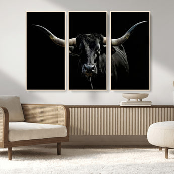 37531960-MGV-CV-36X24-Black Longhorn Bull Wall Art – Dramatic Western Cattle Canvas Print, Rustic Farmhouse Animal Artwork for Living Room, Bedroom,