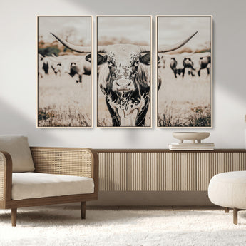 27497342-MGV-FC-48X32-3P_Natural-Texas Longhorn Wall Art Canvas Print, Framed Speckled Cow Art Picture Print, Horned Cattle Perfect Rustic Western Decor Artwork