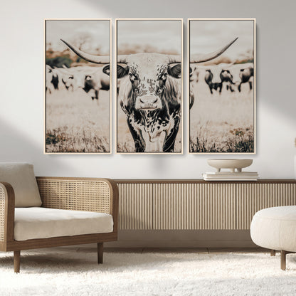 27497342-MGV-FC-48X32-3P_Natural-Texas Longhorn Wall Art Canvas Print, Framed Speckled Cow Art Picture Print, Horned Cattle Perfect Rustic Western Decor Artwork