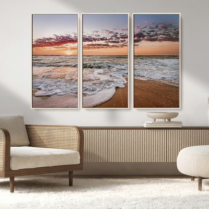 39846389-MGV-CV-36X24-Ocean Sunset Wall Art Canvas Print, Framed Sandy Shore Art Picture Print, Gentle Waves Perfect Minimalist Coastal Decor Artwork