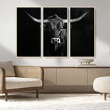 42077175-MGV-CV-36X24-Texas Longhorn Wall Art Canvas Print, Framed Monochrome Bull Art Picture Print, Horned Bull Perfect Rustic Western Decor Artwork
