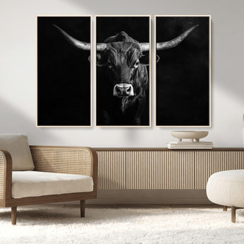 42077175-MGV-CV-36X24-Texas Longhorn Wall Art Canvas Print, Framed Monochrome Bull Art Picture Print, Horned Bull Perfect Rustic Western Decor Artwork