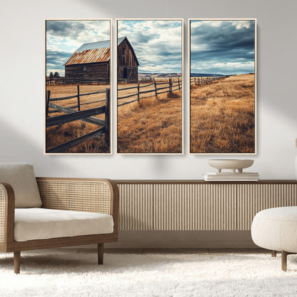 69356982-MGV-FC-48X32-3P_Natural-Old Barn Wall Art Canvas Print, Framed Rustic Fence Art Picture Print, Wooden Farmhouse Perfect Rustic Farmhouse Decor Artwork