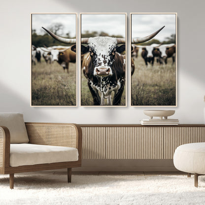 79025945-MGV-CV-36X24-Texas Longhorn Wall Art Canvas Print, Framed Speckled Cow Art Picture Print, Horned Cattle Perfect Rustic Western Decor Artwork