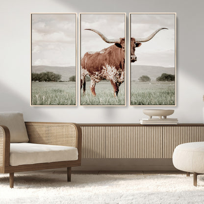 28309012-MGV-CV-36X24-Texas Longhorn Wall Art Canvas Print, Framed Spotted Cattle Art Picture Print, Horned Bull Perfect Rustic Western Decor Artwork