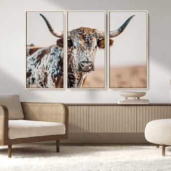70414966-MGV-CV-36X24-Texas Longhorn Wall Art Canvas Print, Framed Speckled Cow Art Picture Print, Horned Bull Perfect Rustic Western Decor Artwork