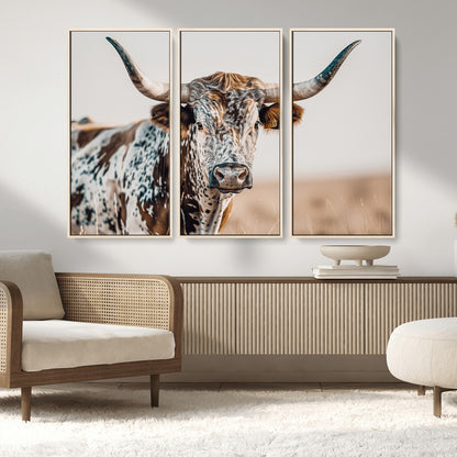 70414966-MGV-CV-36X24-Texas Longhorn Wall Art Canvas Print, Framed Speckled Cow Art Picture Print, Horned Bull Perfect Rustic Western Decor Artwork