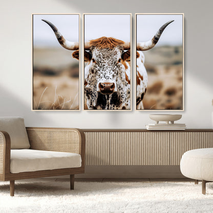 76294381-MGV-CV-36X24-Texas Longhorn Wall Art Canvas Print, Framed Spotted Cow Art Picture Print, Horned Cattle Perfect Rustic Western Decor Artwork