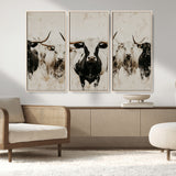 12027562-MGV-FC-48X32-3P_Natural-Longhorn Cattle Wall Art Canvas Print, Framed Bison Herd Art Picture Print, Cattle Group Perfect Rustic Farmhouse Decor Artwork