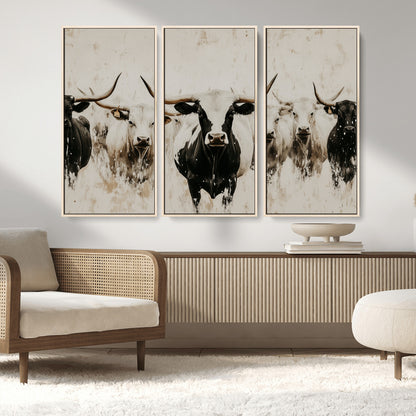 12027562-MGV-FC-48X32-3P_Natural-Longhorn Cattle Wall Art Canvas Print, Framed Bison Herd Art Picture Print, Cattle Group Perfect Rustic Farmhouse Decor Artwork