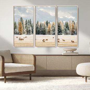 64188182-MGV-CV-36X24-Elk Herd Wall Art Canvas Print, Framed Snowy Forest Art Picture Print, Forest Elks Perfect Neutral Rustic Decor Artwork