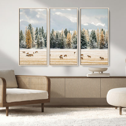 64188182-MGV-CV-36X24-Elk Herd Wall Art Canvas Print, Framed Snowy Forest Art Picture Print, Forest Elks Perfect Neutral Rustic Decor Artwork