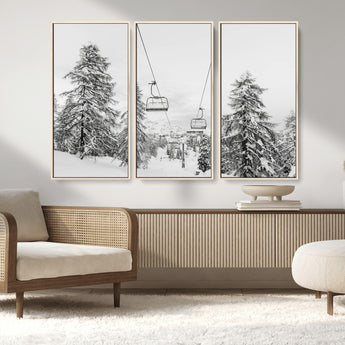 55003599-MGV-CV-36X24-Snowy Ski Lift Wall Art Canvas Print, Framed Winter Forest Art Picture Print, Ski lift Ride Perfect Winter Lodge Decor Artwork