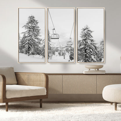 55003599-MGV-CV-36X24-Snowy Ski Lift Wall Art Canvas Print, Framed Winter Forest Art Picture Print, Ski lift Ride Perfect Winter Lodge Decor Artwork