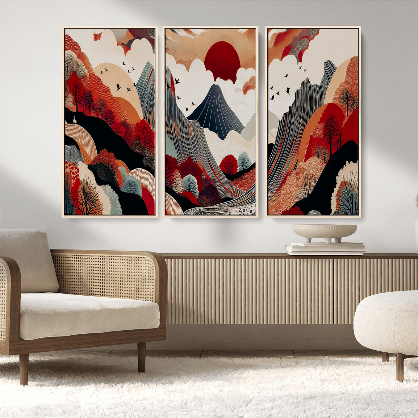 59495752-MGV-FC-48X32-3P_Natural-Abstract Mountain Wall Art Canvas Print, Framed Vibrant Landscape Art Picture Print, Nature Drawing Perfect Contemporary