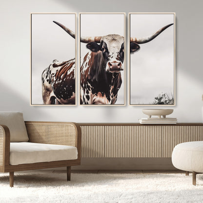 95249234-MGV-FC-48X32-3P_Natural-Texas Longhorn Wall Art Canvas Print, Framed Spotted Bull Art Picture Print, Horned Cattle Perfect Rustic Farmhouse Decor Artwork