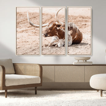 91248682-MGV-CV-36X24-Texas Longhorn Wall Art Canvas Print, Framed Resting Bull Art Picture Print, Spotted Cattle Perfect Rustic Western Decor Artwork