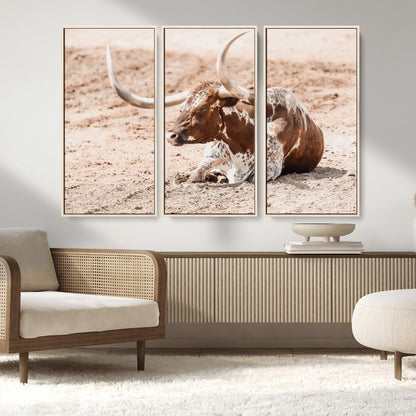 91248682-MGV-CV-36X24-Texas Longhorn Wall Art Canvas Print, Framed Resting Bull Art Picture Print, Spotted Cattle Perfect Rustic Western Decor Artwork