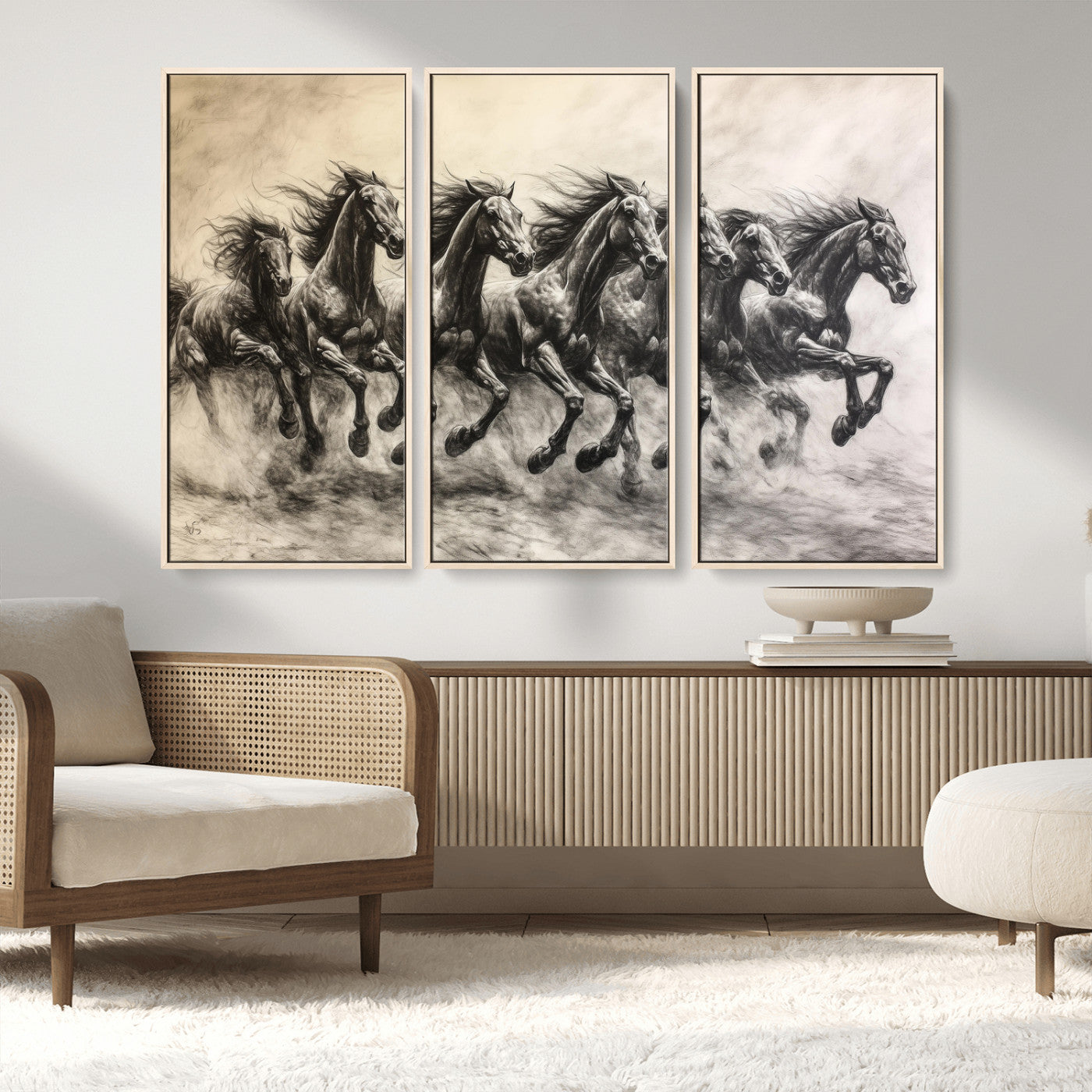 56089591-MGV-FC-48X32-3P_Natural-Galloping Horses Wall Art Canvas Print, Framed Wild Stallions Art Picture Print, Horse Herd Sketch Perfect Monochrome Dynamic