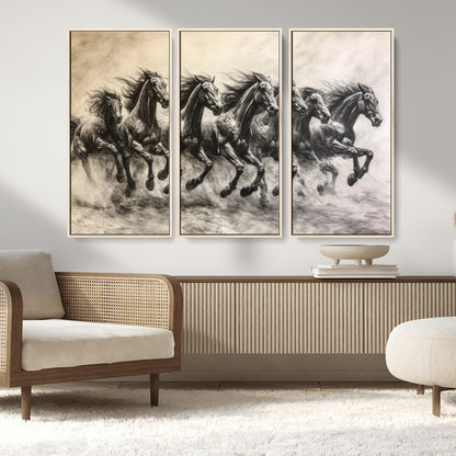 56089591-MGV-FC-48X32-3P_Natural-Galloping Horses Wall Art Canvas Print, Framed Wild Stallions Art Picture Print, Horse Herd Sketch Perfect Monochrome Dynamic