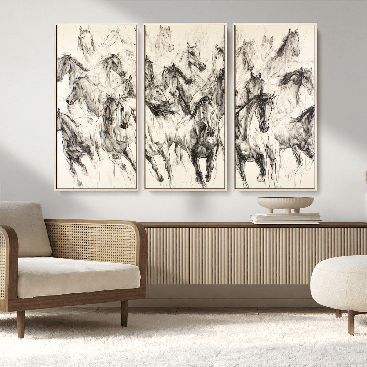 19433417-MGV-CV-36X24-Running Horses Wall Art Canvas Print, Framed Horse Sketch Art Picture Print, Galloping Herd Perfect Monochrome Western Decor