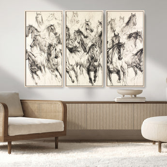 19433417-MGV-CV-36X24-Running Horses Wall Art Canvas Print, Framed Horse Sketch Art Picture Print, Galloping Herd Perfect Monochrome Western Decor