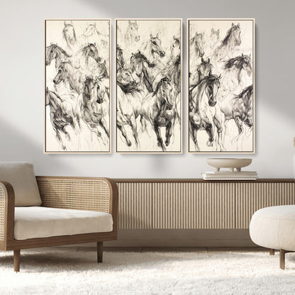 19433417-MGV-CV-36X24-Running Horses Wall Art Canvas Print, Framed Horse Sketch Art Picture Print, Galloping Herd Perfect Monochrome Western Decor