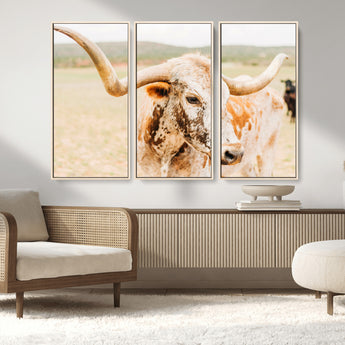 21060648-MGV-FC-48X32-3P_Natural-Texas Longhorn Wall Art Canvas Print, Framed Speckled Cow Art Picture Print, Rustic Bull Perfect Rustic Western Decor Artwork
