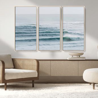 73969318-MGV-CV-36X24-Ocean Waves Wall Art Canvas Print, Framed Surfer Lineup Art Picture Print, Crowded Ocean Perfect Minimal Coastal Decor Artwork