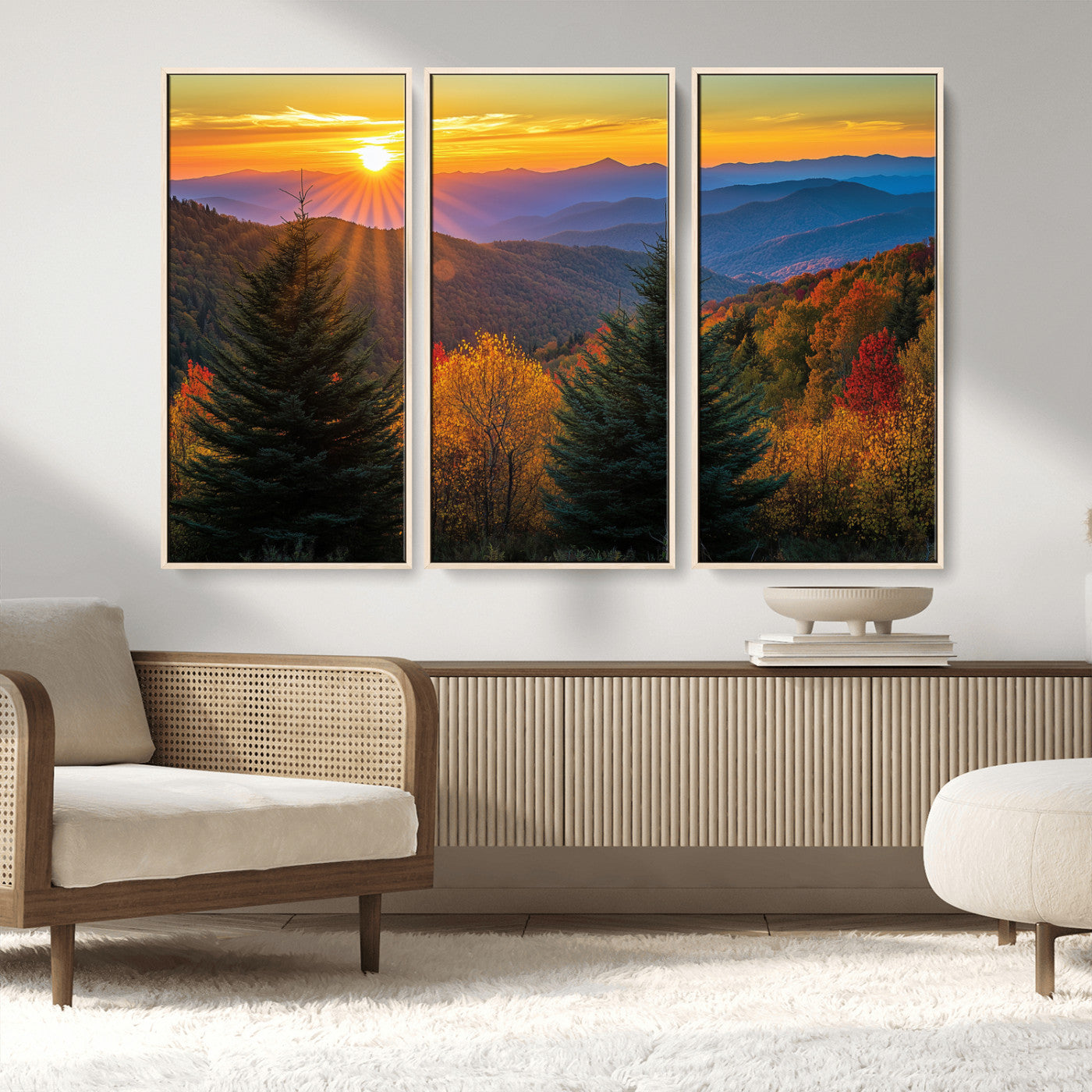 36964931-MGV-FC-48X32-3P_Natural-Autumn Mountains Wall Art Canvas Print, Framed Sunset Glow Forest Art Picture Print, Golden Trees Perfect Vibrant Nature Decor