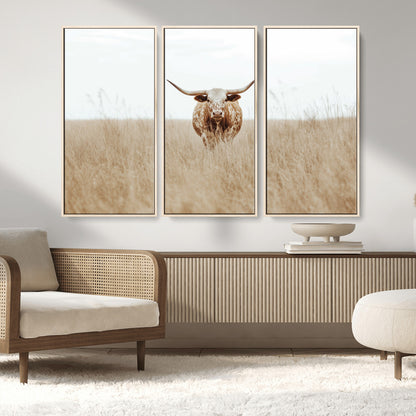 20927060-MGV-CV-36X24-Texas Longhorn Wall Art Canvas Print, Framed Lone Cattle Art Picture Print, Longhorn Bull Perfect Rustic Western Decor Artwork