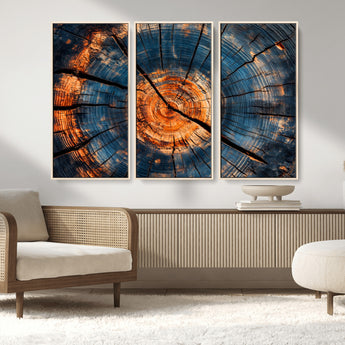 81894502-MGV-FC-48X32-3P_Natural-Burnt Wood Wall Art Canvas Print, Framed Aged Timber Art Picture Print, Rustic Tree Slice Perfect Rustic Decor Artwork for Home,