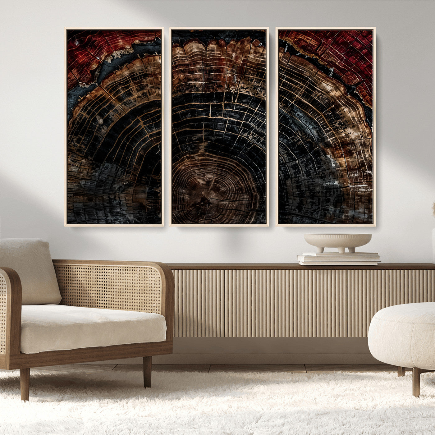 43686762-MGV-FC-48X32-3P_Natural-Dark Wood Ring Wall Art Canvas Print, Framed Abstract Wood Tree Art Picture Print, Rustic Tree Slice Perfect Rustic Decor Artwork