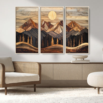 50100230-MGV-CV-36X24-Wooden Mountain Wall Art – Rustic Nature Landscape Canvas Print, Handmade Style Sun, Forest, and Peaks Artwork for Living Room,