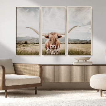 80054319-MGV-CV-36X24-Longhorn Wall Art – Rustic Western Canvas Print, Majestic Bull Artwork for Farmhouse, Ranch or Living Room