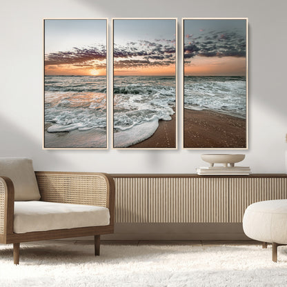 40632752-MGV-FC-48X32-3P_Natural-Ocean Sunset Wall Art Canvas Print, Framed Beach Waves Art Picture Print, Coastal Scene Perfect Coastal Decor Artwork