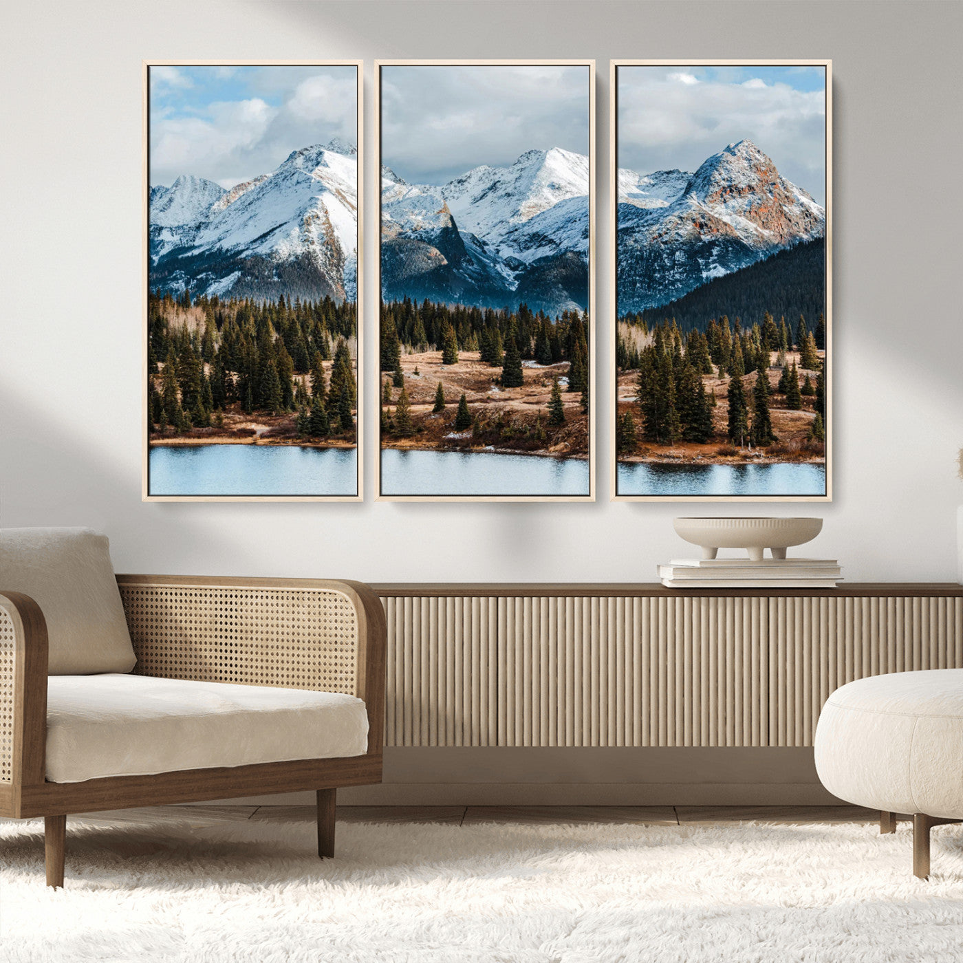 36247746-MGV-FC-48X32-3P_Natural-Snowy Peaks Wall Art Canvas Print, Framed Alpine Lake Art Picture Print, Pine Forest Perfect Alpine Wilderness Decor Artwork