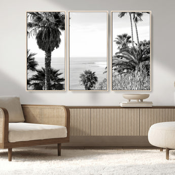 89458520-MGV-CV-36X24-Palm Trees Wall Art Canvas Print, Framed Coastal View Art Picture Print, Ocean Horizon Perfect Monochrome Coast Decor Artwork