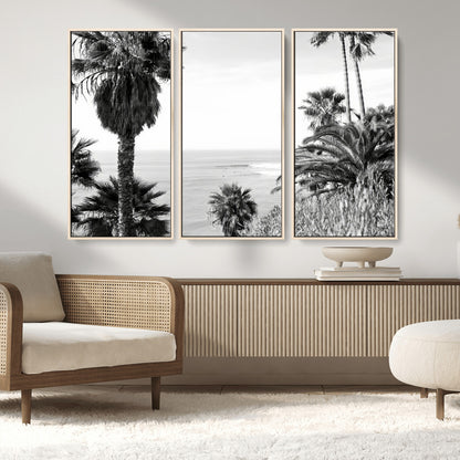 89458520-MGV-CV-36X24-Palm Trees Wall Art Canvas Print, Framed Coastal View Art Picture Print, Ocean Horizon Perfect Monochrome Coast Decor Artwork