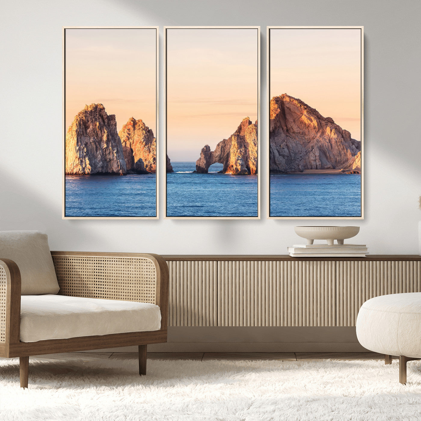 72996116-MGV-FC-48X32-3P_Natural-El Arco Wall Art Canvas Print, Framed Cabo Rocks Art Picture Print, Ocean Arch Perfect Golden Coastal Landmark Decor Artwork