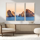 72996116-MGV-FC-48X32-3P_Natural-El Arco Wall Art Canvas Print, Framed Cabo Rocks Art Picture Print, Ocean Arch Perfect Golden Coastal Landmark Decor Artwork