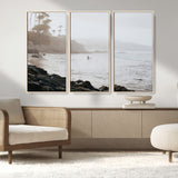 62501405-MGV-CV-36X24-Misty Beach Wall Art Canvas Print, Framed California Surfer Art Picture Print, Coastal Cliff Perfect Coastal Beach Decor Artwork