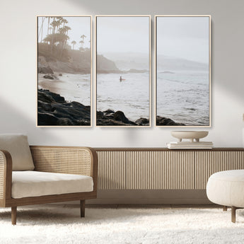 62501405-MGV-CV-36X24-Misty Beach Wall Art Canvas Print, Framed California Surfer Art Picture Print, Coastal Cliff Perfect Coastal Beach Decor Artwork